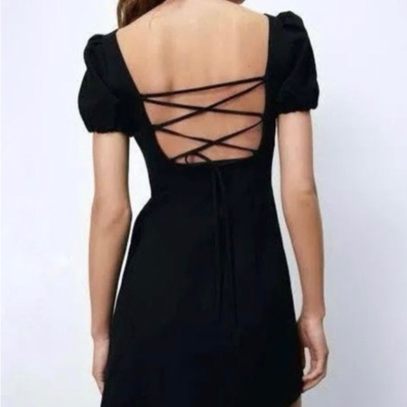 ZARA Linen Blend Puff Sleeve Tie Open Back Mini Dress Black Medium - Picture 5 of 5